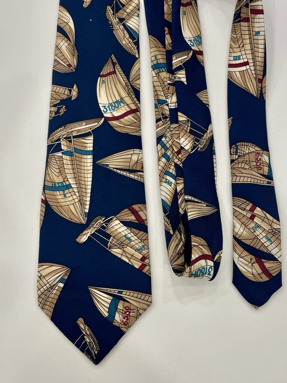 Huntington Silk Nautical Sailboat Pattern Tie Blue & Beige Made in USA